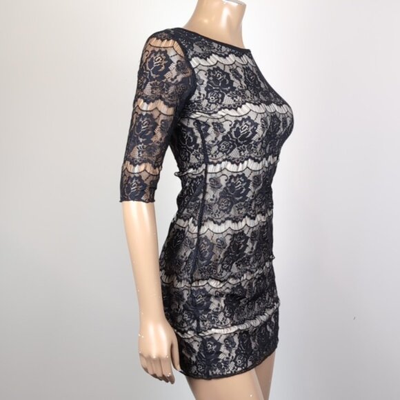 Costa Blanca Lace Illusion Dress Crop Sleeve Mini Bodycon Ballet Black White - Picture 9 of 11